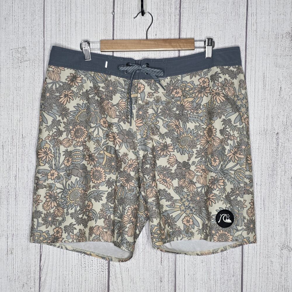 Quiksilver Highline Floral Board Shorts Surf Swim Trunks Hemp Blend, sz 36